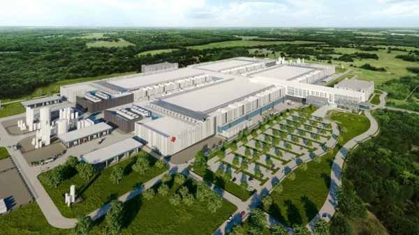 ▲미국 텍사스주 셔먼에 위치한 TI의 새로운 300mm 반도체 웨이퍼 제조공장(팹) 디자인 컨셉. 첫 번째와 두 번째 팹은 2022년에 착공 예정이며, 해당 부지에 최대 4개의 팹까지 수용할 수 있다.