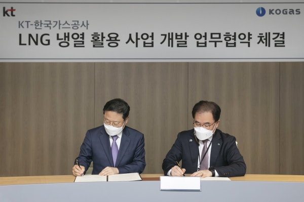▲KT 신수정 Enterprise부문장(왼쪽)과 한국가스공사 이승 부사장이 MOU에 서명을 하고 있다.