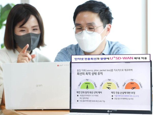 ▲사진은 LG유플러스 직원들이 SD-WAN 구성요소를 설명하고 있는 모습.