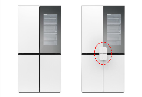 ▲LG 디오스 냉장고에 유니버설 업 키트 중 ‘이지 핸들’을 적용하기 전, 후(사진 오른쪽) 모습.