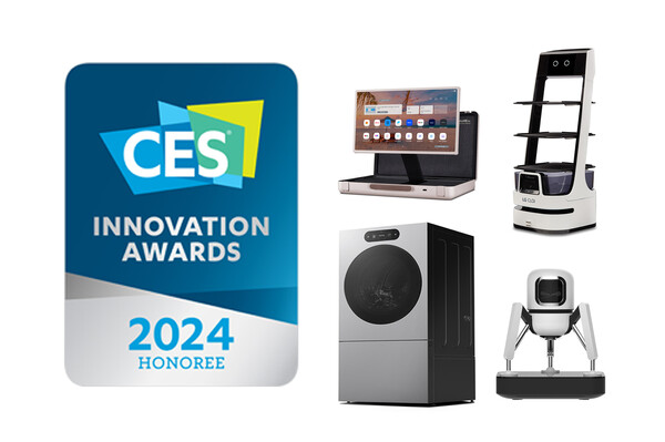 ▲(좌측 상단부터 시계방향으로) 'CES 2024 혁신상'을 수상한 LG 스탠바이미 Go, LG 클로이 서브봇, 신개념 커피머신 듀오보, LG 시그니처 세탁건조기.